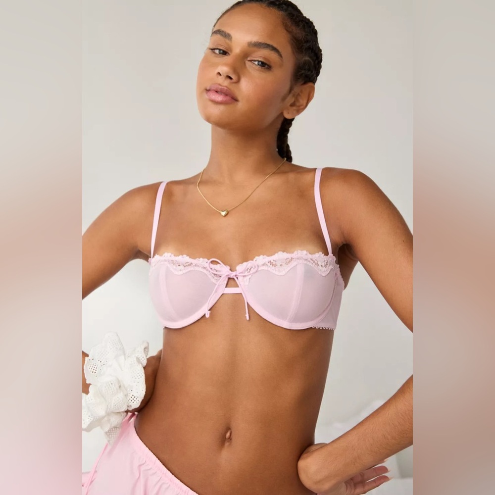UO Rita Tie-Front Bow Lace Trim Balconette Bra NWT